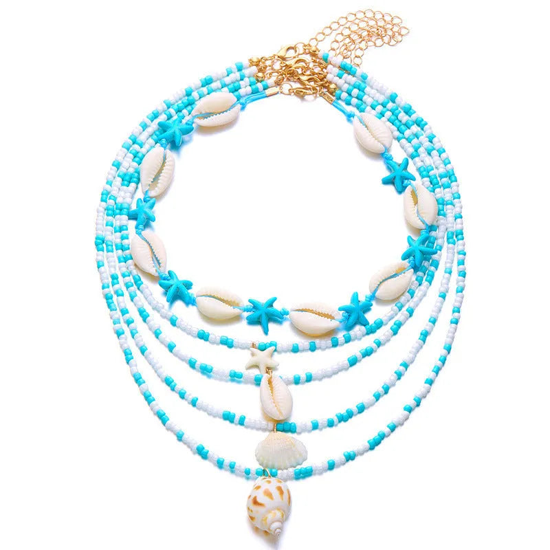 Women's 5-piece shell bead necklace set with starfish pendants and adjustable length
