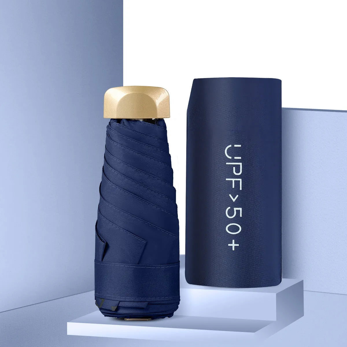 Compact five-fold sun umbrella in multiple colours showing folded and open positions