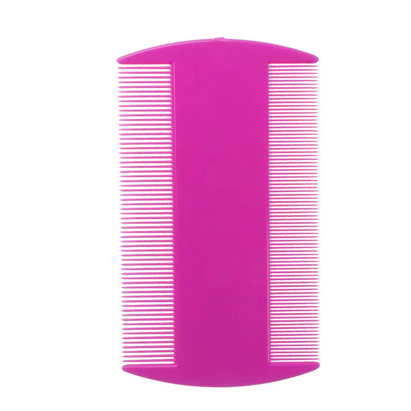 Double-edged fine-toothed plastic flea and lice comb in assorted colours on a white background.