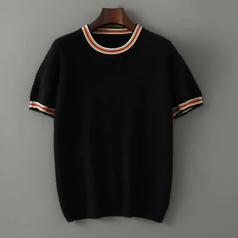 Men's pure wool short sleeve round neck sweater in black, grey or white colours