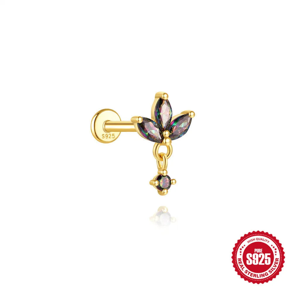 S925 sterling silver flat head stud earrings with shiny rainbow stone finish, showing thread piercing post.