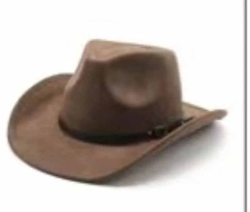 Brown leather velvet curved edge Western cowboy hat with a conical crown.