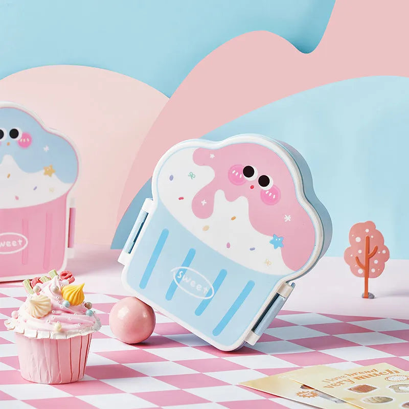 Creative ice cream shaped plastic lunch box with spoon and fork set in cartoon design