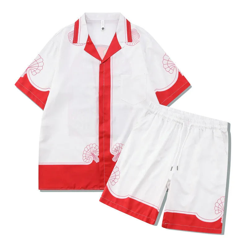 Men's plaid pattern beach outfit set with short sleeve shirt and matching trousers