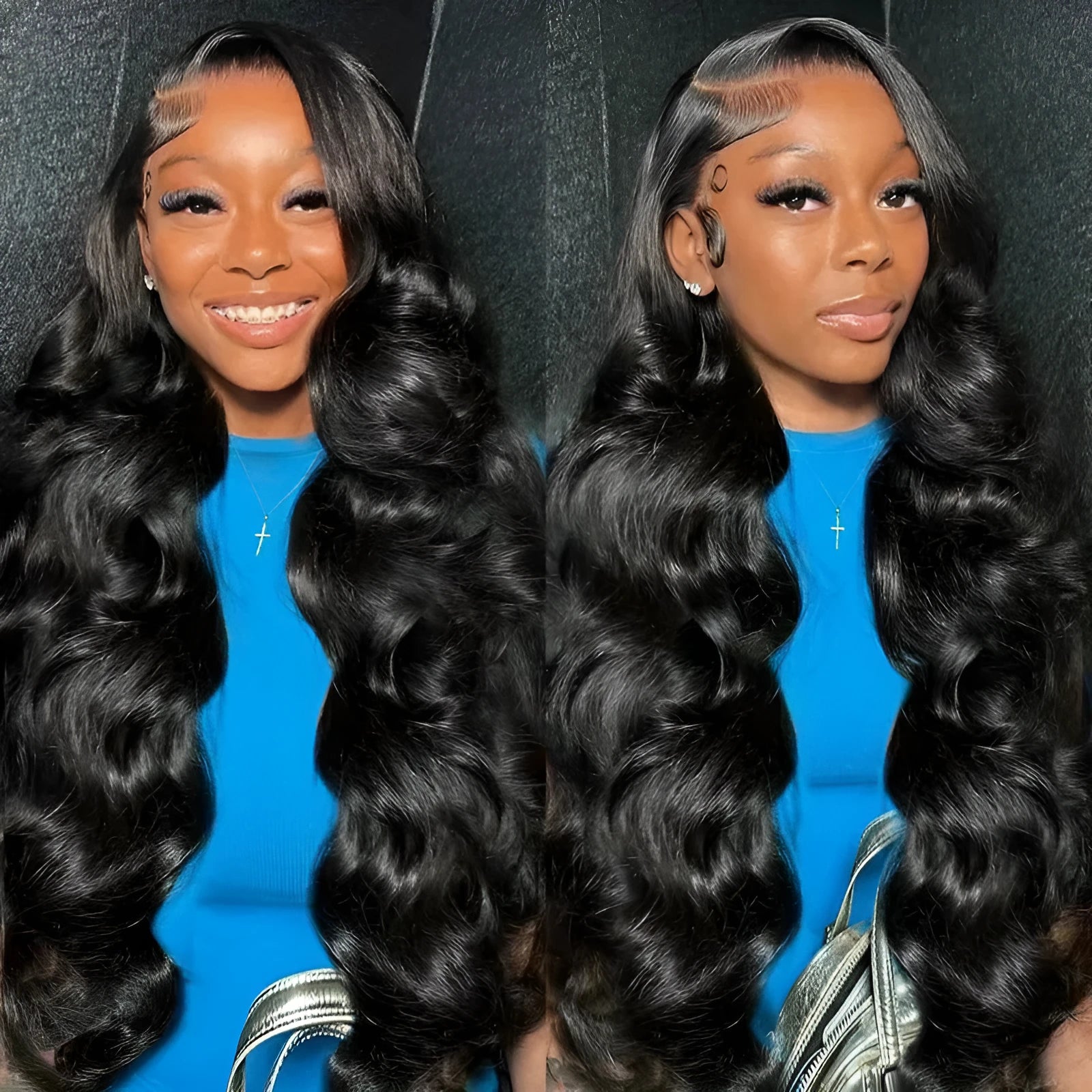 A black synthetic wig with large waves and a lace front, shown on a mannequin head.