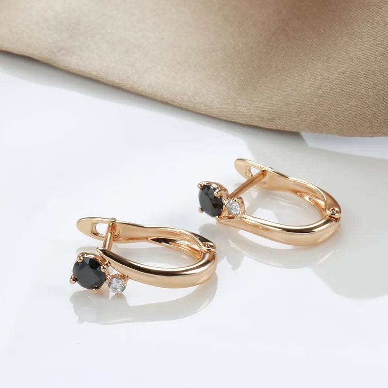 Gold-plated black agate drop earrings with retro geometric design for women