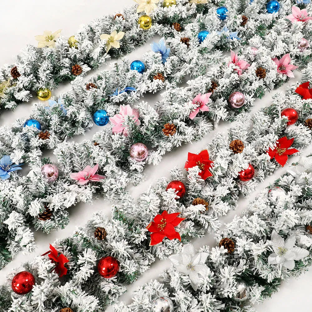 240cm long PVC Christmas rattan garland with flocking decoration in a choice of five colours.
