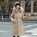 Women's long white cotton-padded fleece trench coat with a 100cm length and long sleeves.