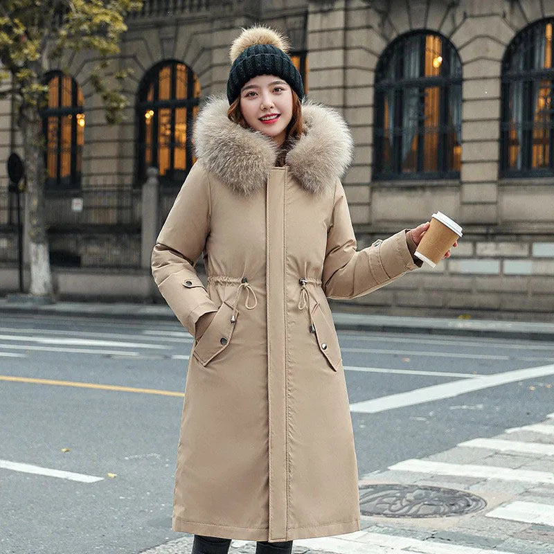 Women's long white cotton-padded fleece trench coat with a 100cm length and long sleeves.
