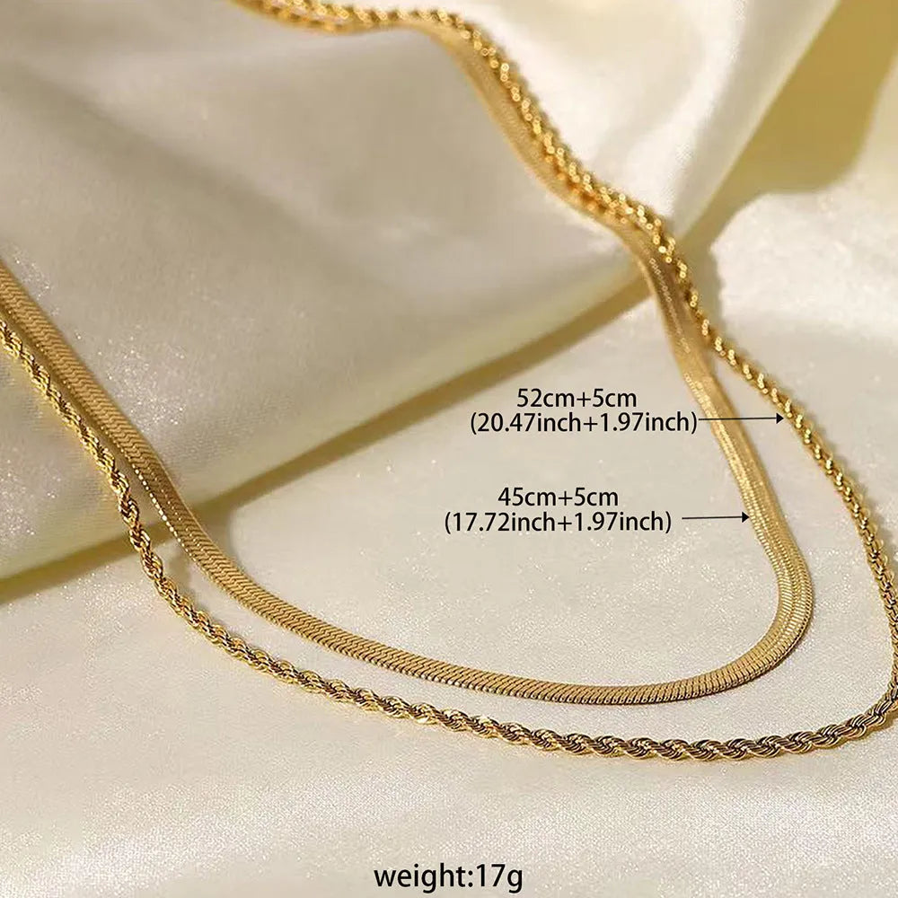 Women's retro double-layer twist necklace with geometric pendant on adjustable snake bone chain