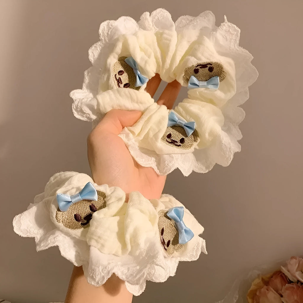 Bear blue bow lace large intestine hair ring on white background