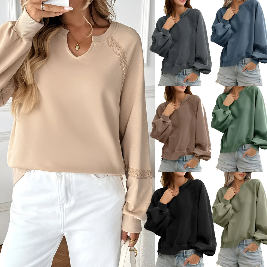 Women's loose fit half-open collar sweater with lace stitching in solid colours