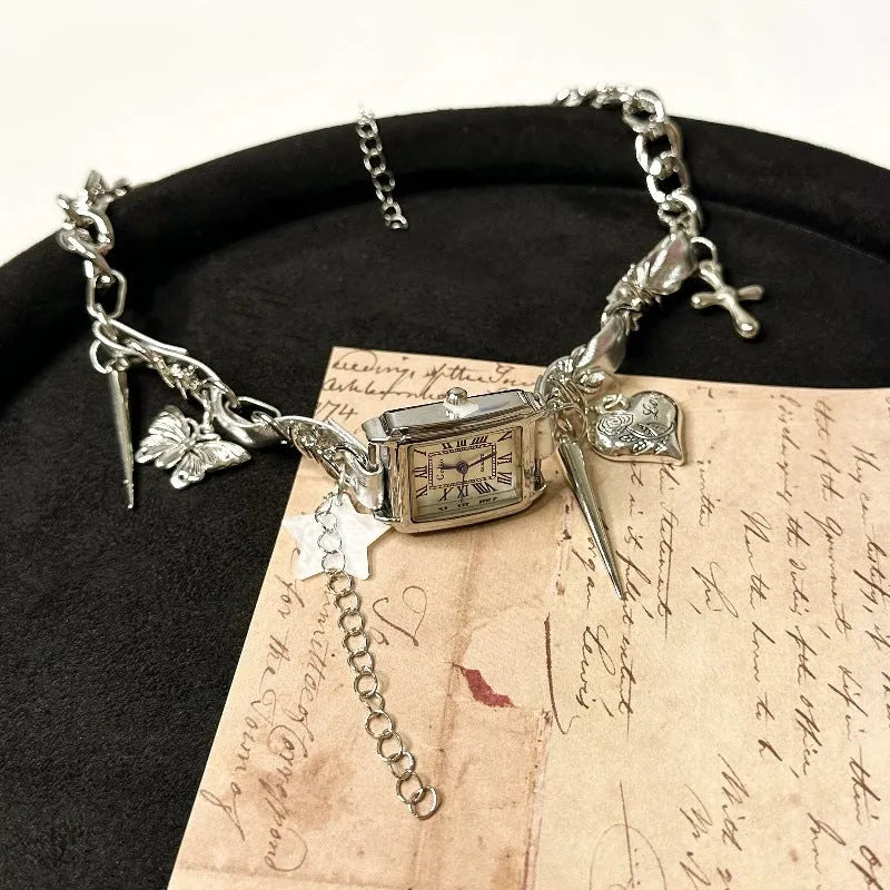 Dark style multi-layer cross necklace with twin chains and hemp flower links