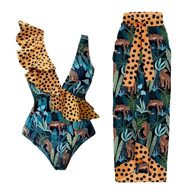Women's solid colour one-piece swimsuit with spaghetti straps and a removable matching skirt.