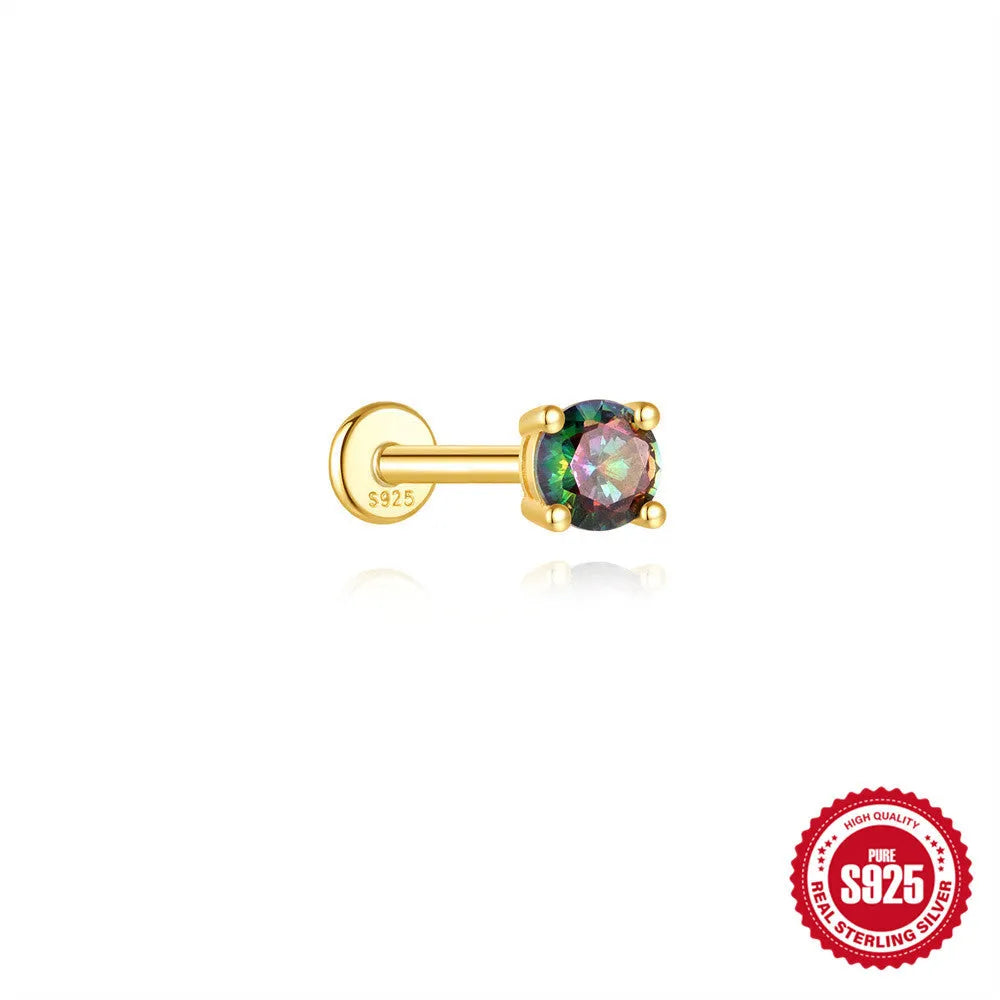 S925 sterling silver flat head stud earrings with shiny rainbow stone finish, showing thread piercing post.