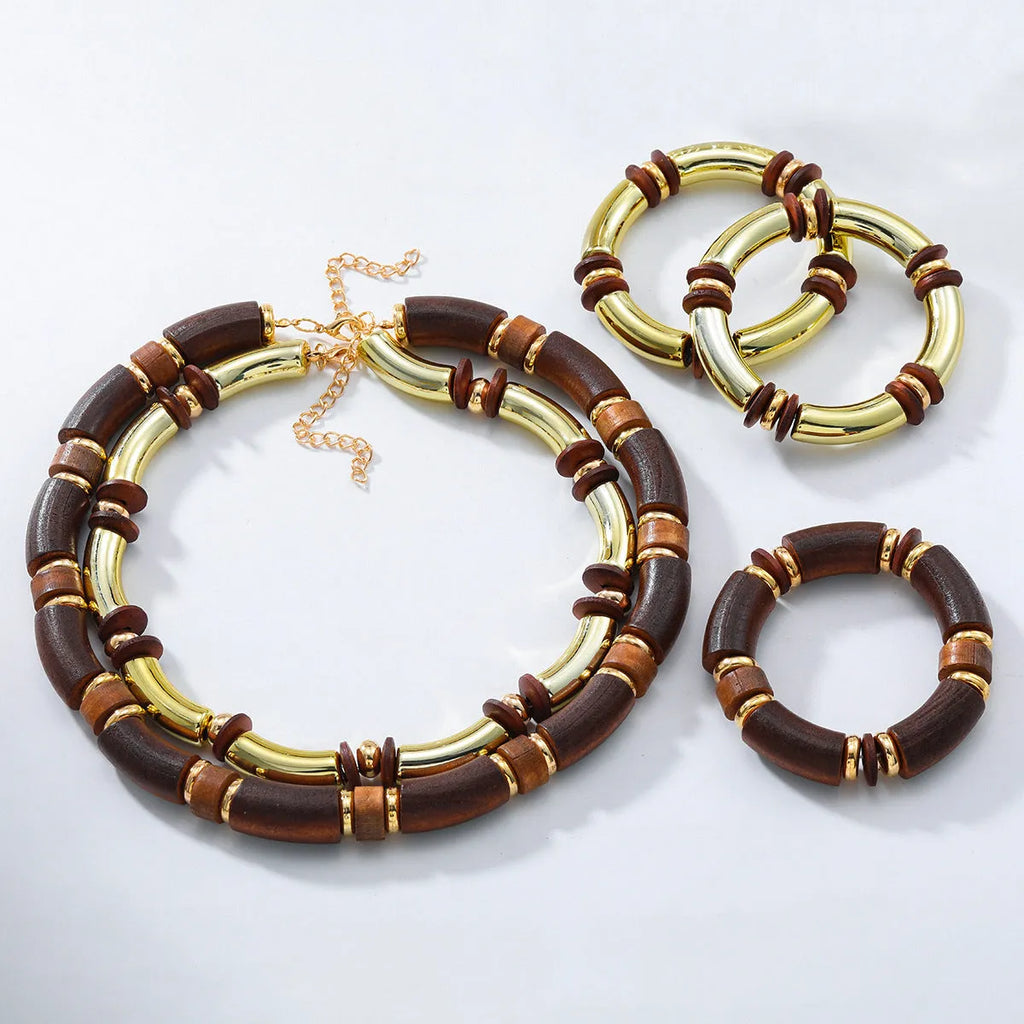 European exaggerated style multi-layer wooden necklace and bracelet jewellery set for women with alloy pendant