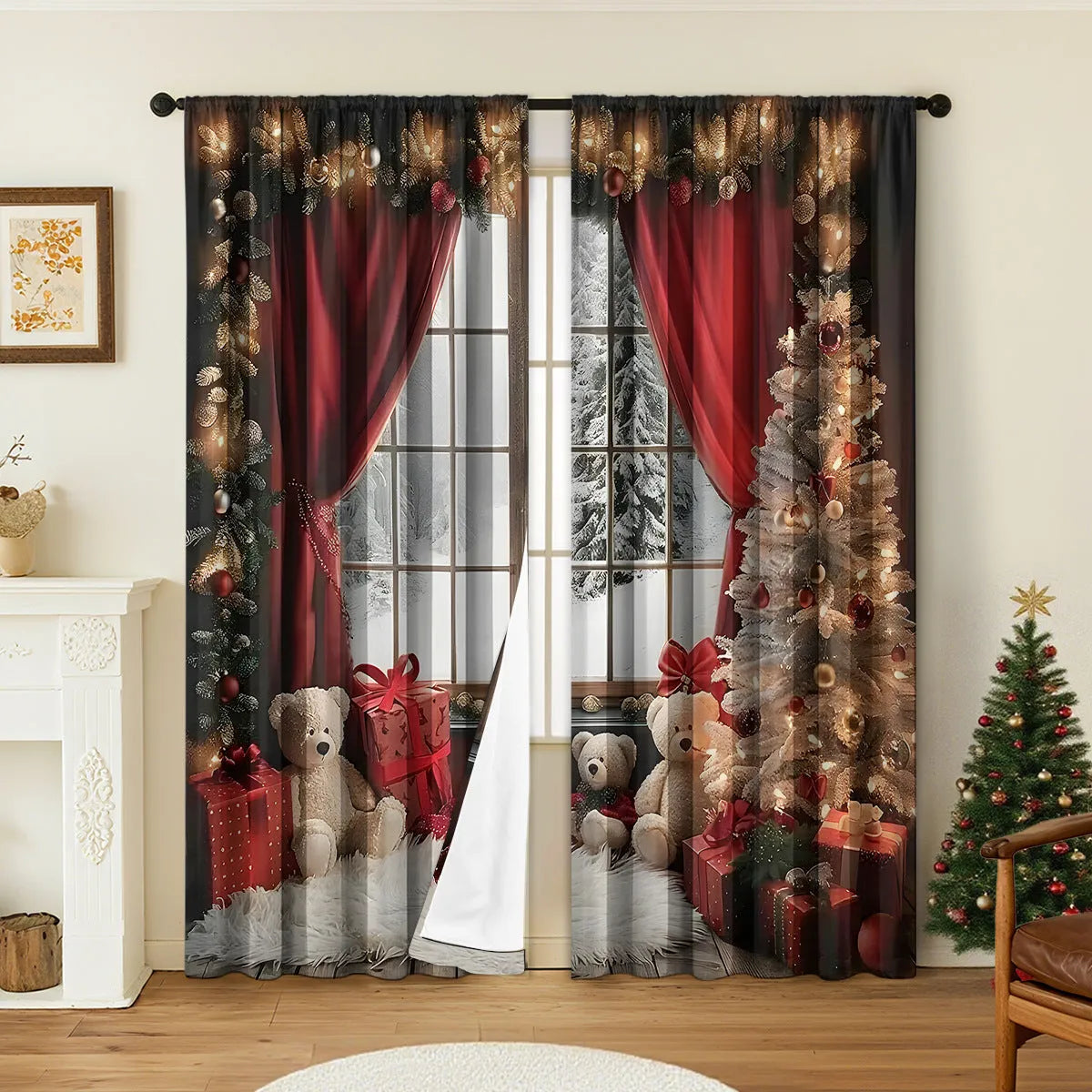 Pair of 3D digitally printed Christmas theme curtains made from polyester fabric, showing detailed pattern.