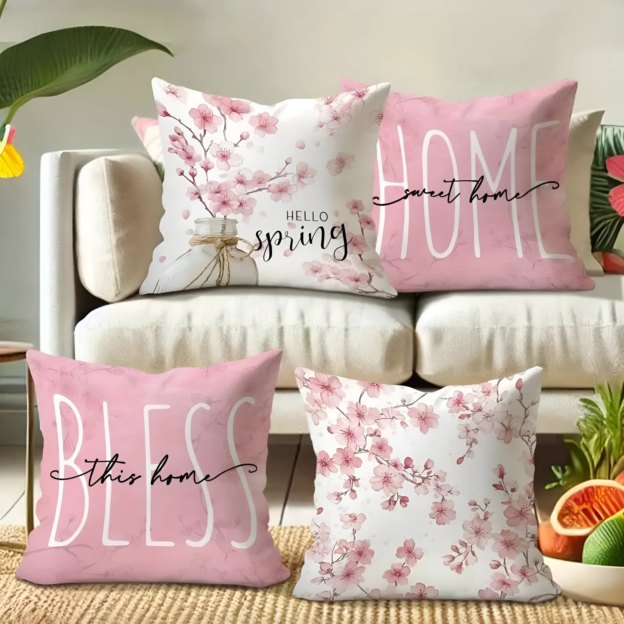 Short velvet square cushion cover with cherry blossom letter print, shown in one of four colour options.