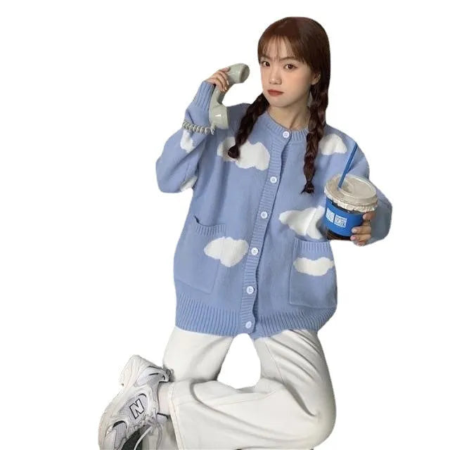 Women's blue spandex cardigan with cloud pattern, loose fit design with long sleeves