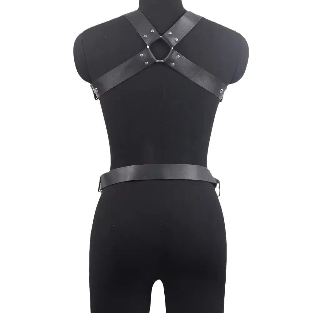 Black leather shapewear belt with thin width and pin buckle closure on plain background