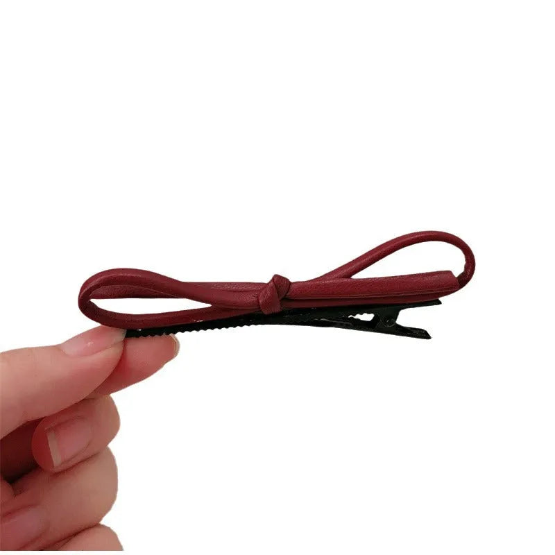 Wine red leather bow hair barrettes for women's hair styling accessories