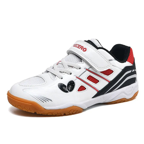 White and blue breathable PVC badminton shoes with a ribbed sole on a court surface.