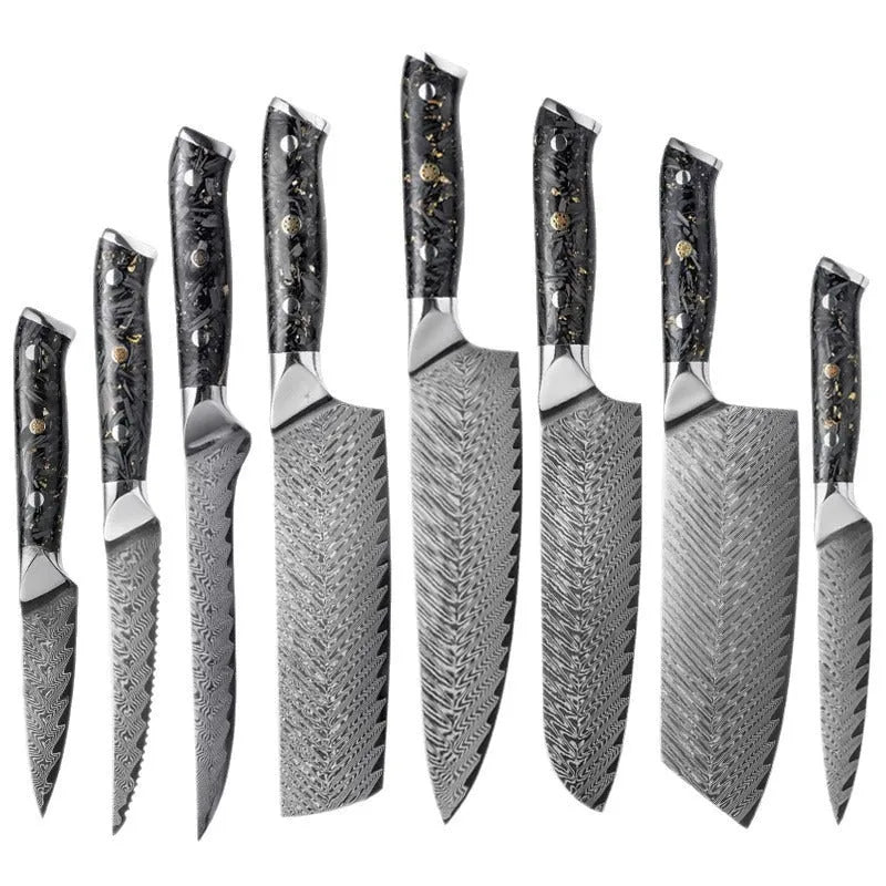 67-layer Damascus steel kitchen knife set with fishbone pattern showing eight different blade sizes and types