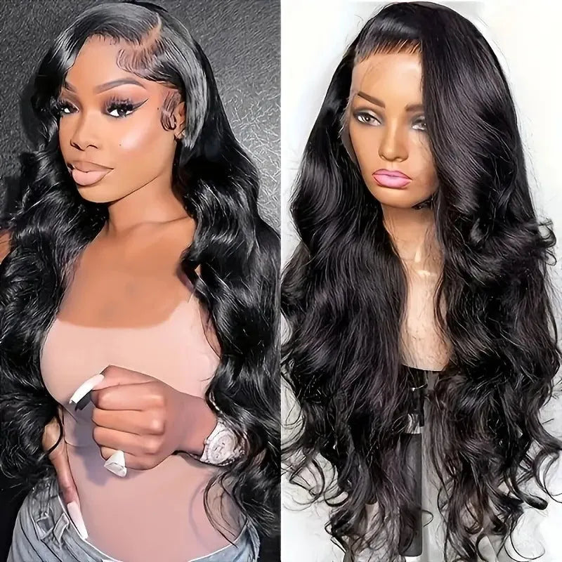 A black synthetic wig with large waves and a lace front, shown on a mannequin head.