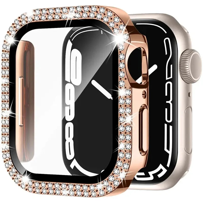 Apple Watch protective case with Double Diamond Glass peep-proof screen in rose gold colour.