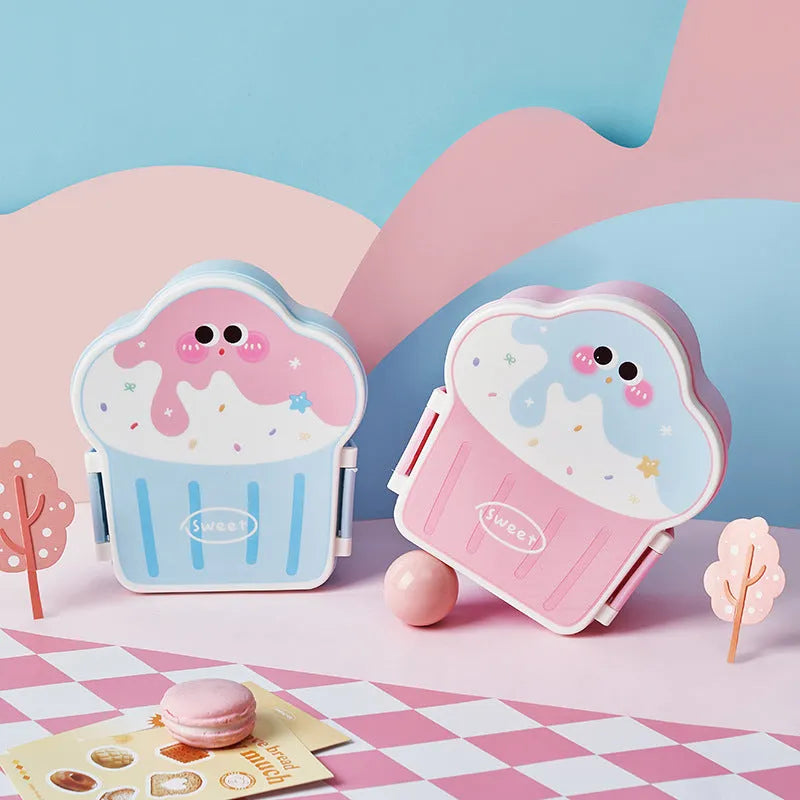 Creative ice cream shaped plastic lunch box with spoon and fork set in cartoon design