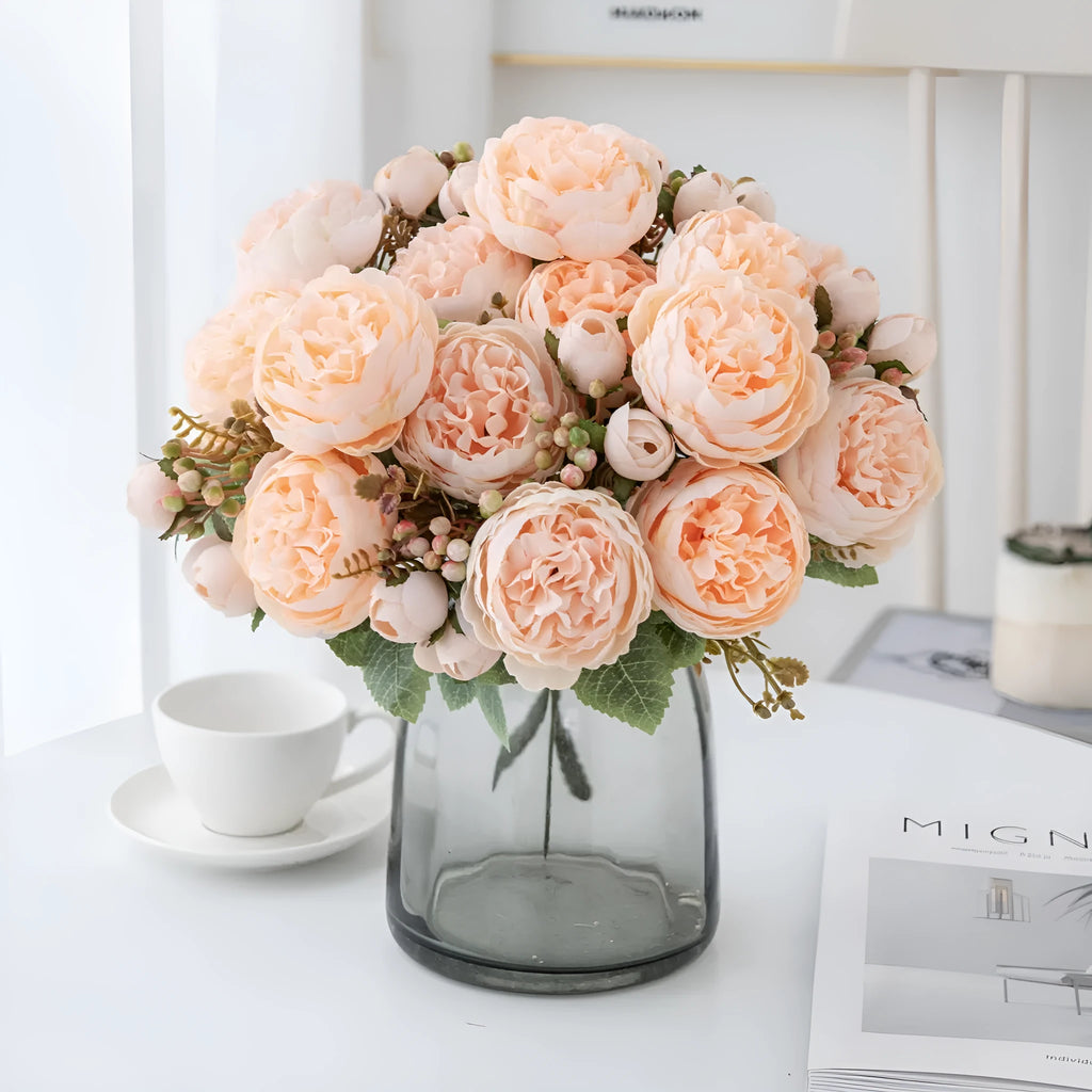 Artificial silk peony bouquet in a choice of champagne, pink, purple, sand red, or white colours.