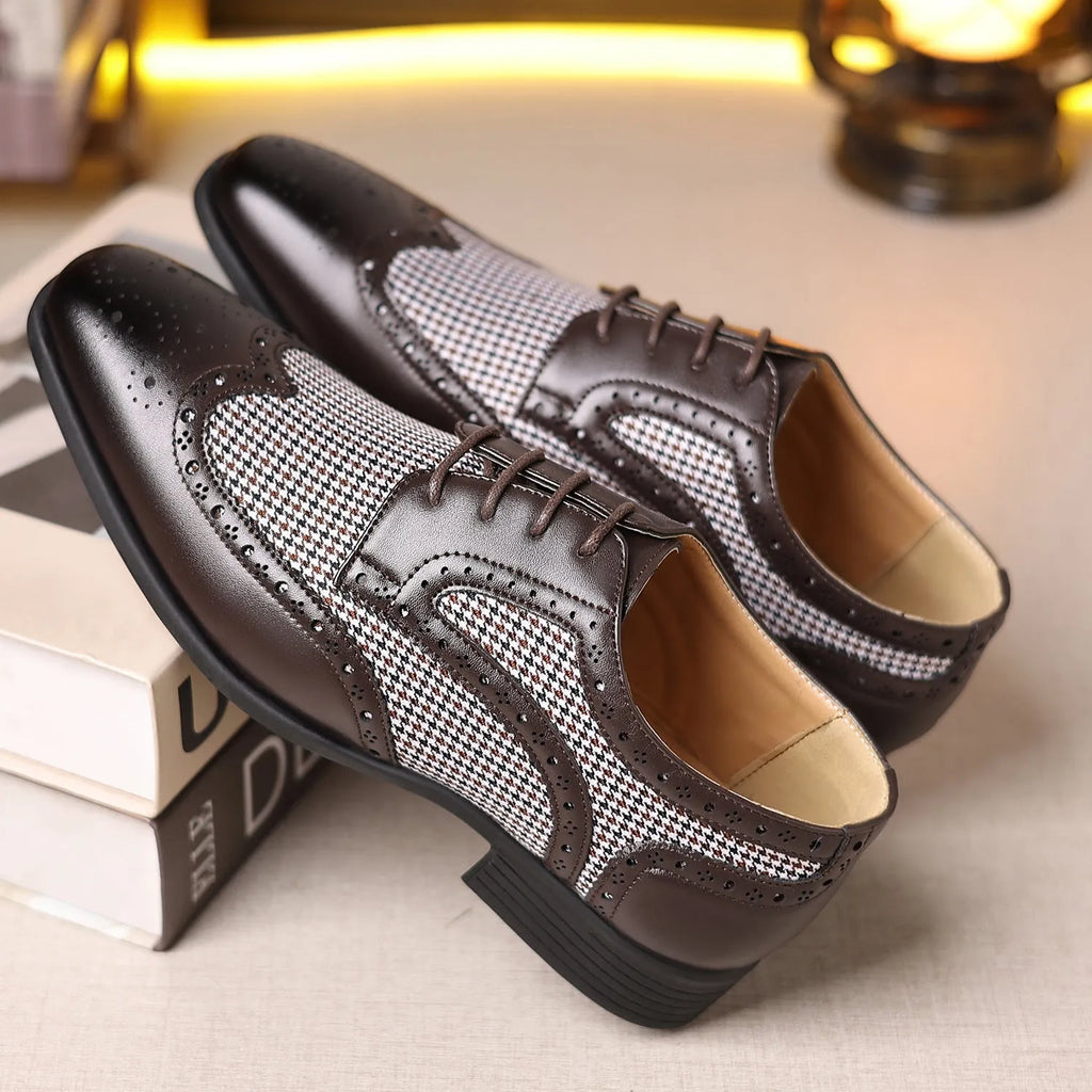 Men's black houndstooth plaid casual leather shoes with canvas upper, square toe, and lace-up front.