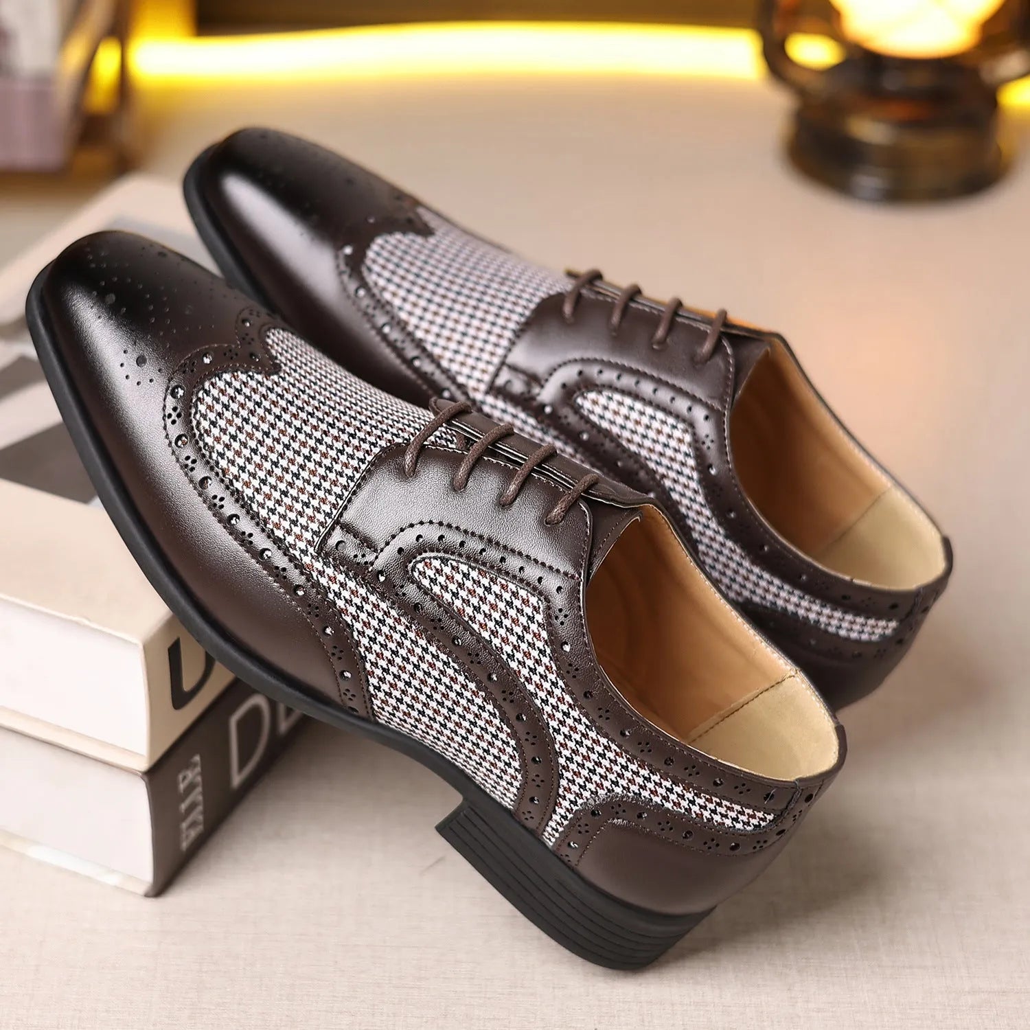 Men's black houndstooth plaid casual leather shoes with canvas upper, square toe, and lace-up front.
