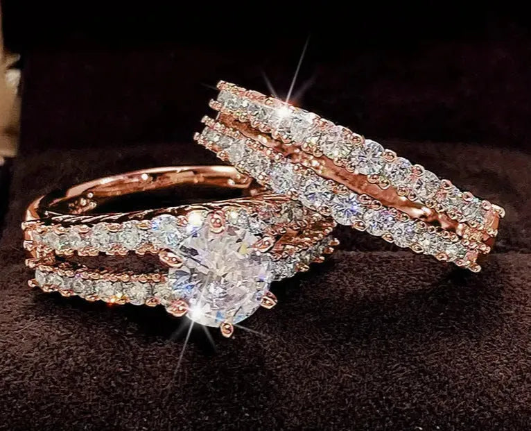 2-in-1 fully-jewelled geometric female ring set in silver, gold, and rose gold colours