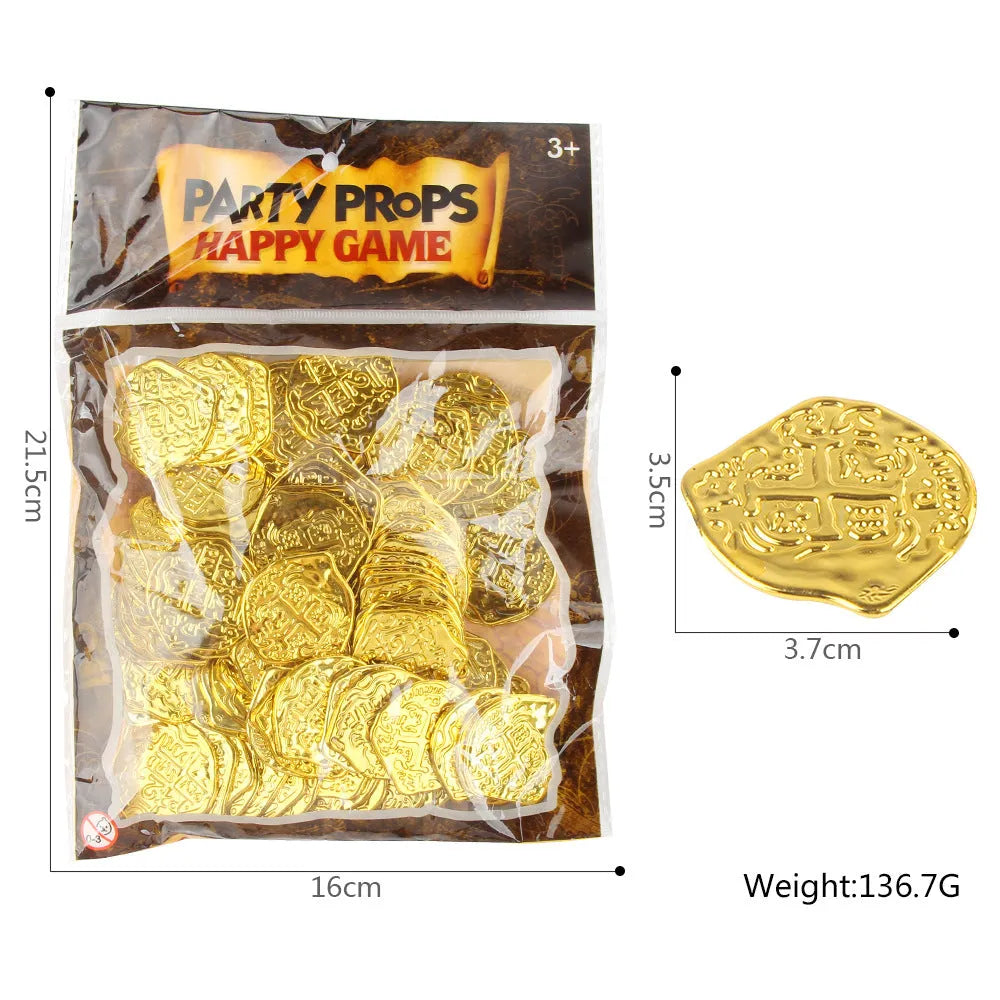Doli set of 100 plastic Roman pirate coins in bronze, gold, and silver electroplated finishes.