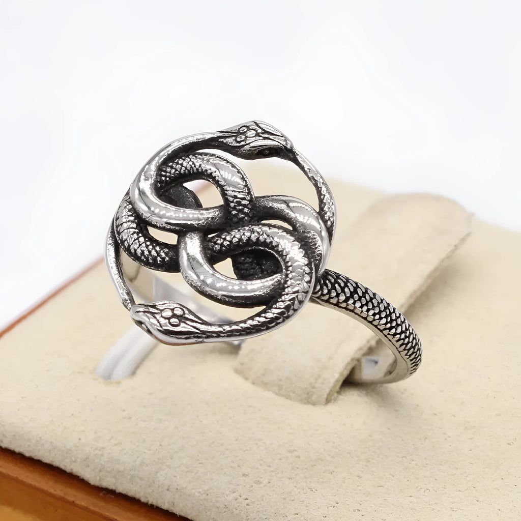 Titanium steel double snake ring in steel colour with retro design showing intertwined snakes