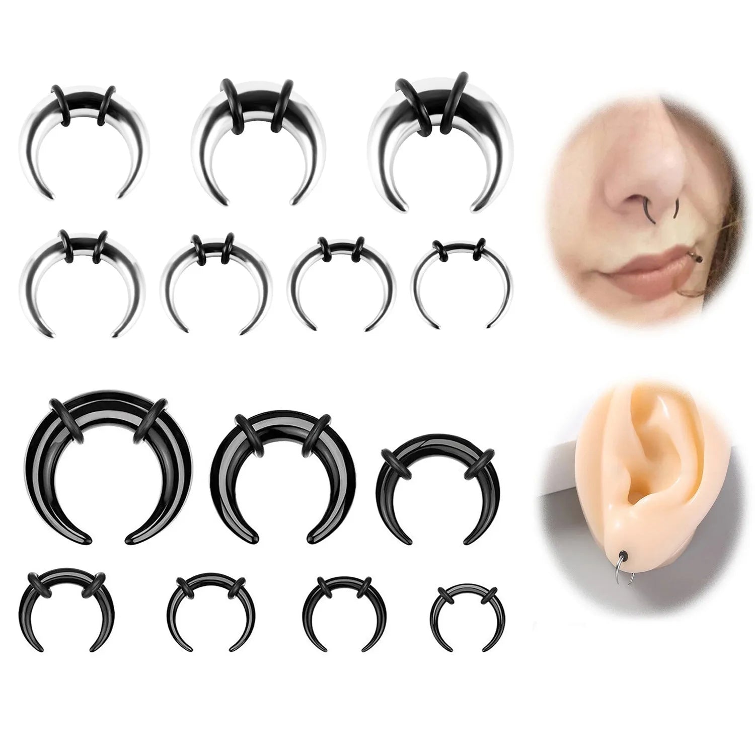 316 stainless steel nose ring with C-shaped buffalo horn design in steel colour and black options