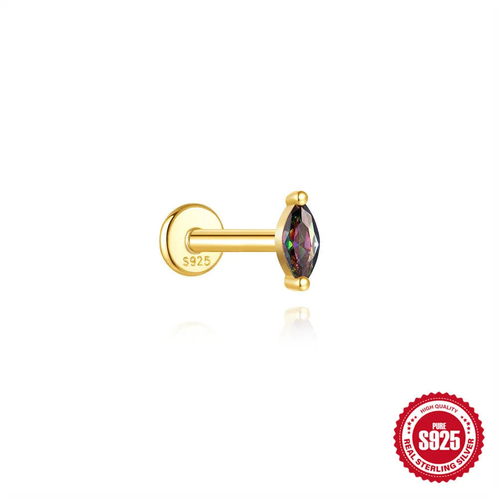 S925 sterling silver flat head stud earrings with shiny rainbow stone finish, showing thread piercing post.