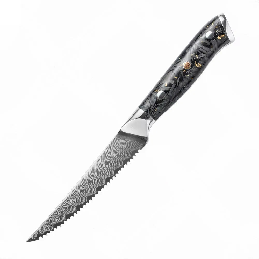 67-layer Damascus steel kitchen knife set with fishbone pattern showing eight different blade sizes and types
