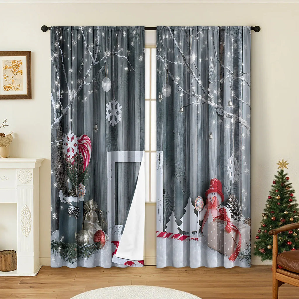 Pair of 3D digitally printed Christmas theme curtains made from polyester fabric, showing detailed pattern.