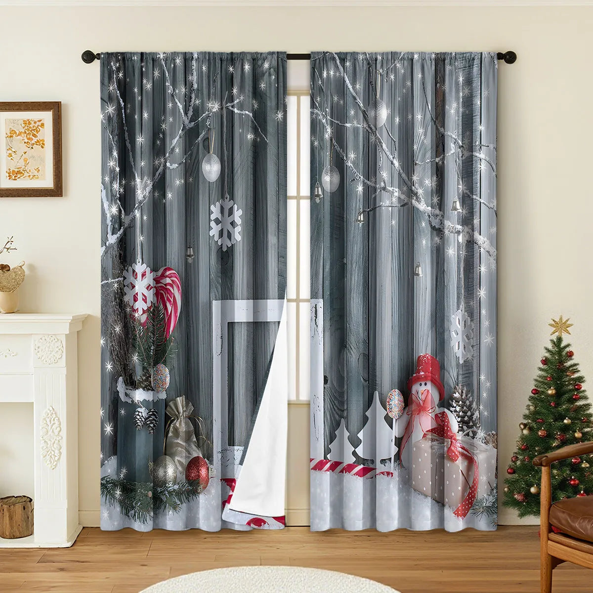 Pair of 3D digitally printed Christmas theme curtains made from polyester fabric, showing detailed pattern.