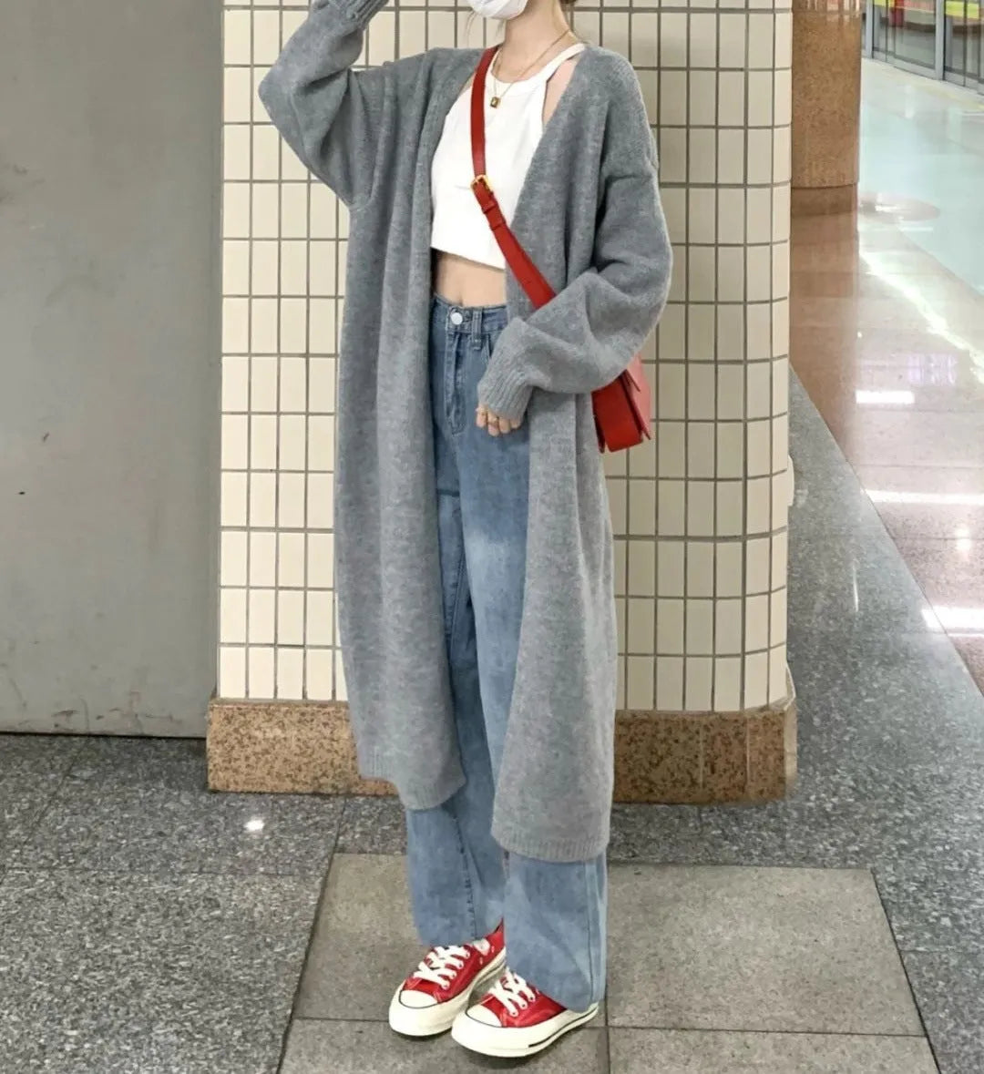 Loose fit dark grey knitted cardigan for women with thick Chenille fabric and long sleeves.