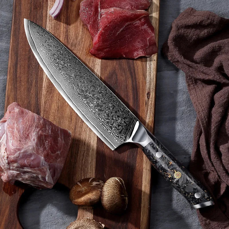 67-layer Damascus steel kitchen knife set with fishbone pattern showing eight different blade sizes and types