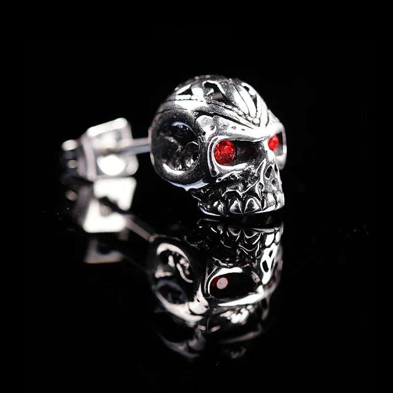 Retro skull stud earrings with red eye ghost head design on electroplated alloy