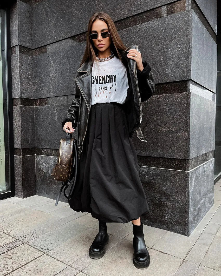 Women's cotton long skirt in solid black colour with casual girlish style design