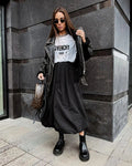 Women's cotton long skirt in solid black colour with casual girlish style design