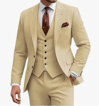 Men's slim-fit three-piece suit in chemical fibre blend fabric available in multiple colours