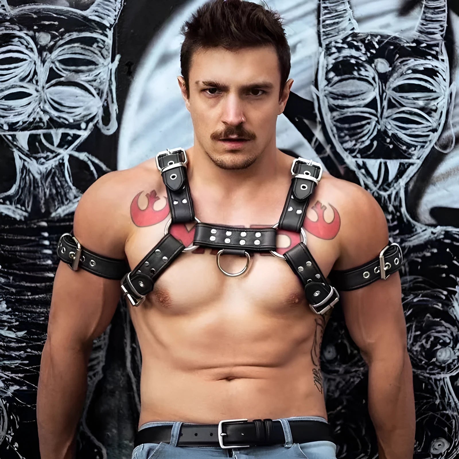 Black leather adjustable chest strap with metal buckle for men's costume and party wear