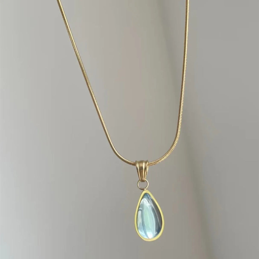 Retro blue and green water drop necklace with titanium steel chain and mixed gemstone pendant
