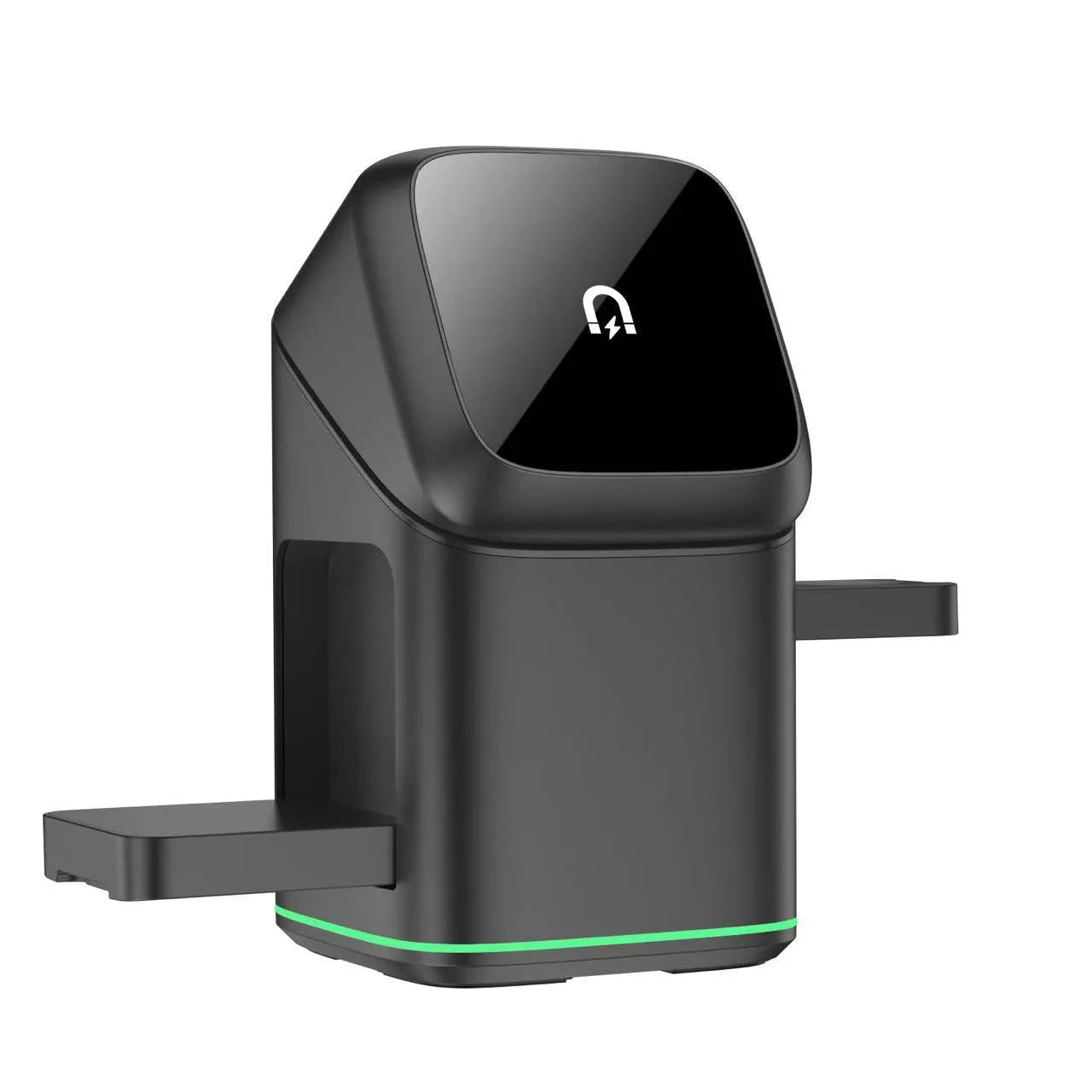 Black mobile phone magnetic wireless charging stand showing 180-degree rotation mechanism
